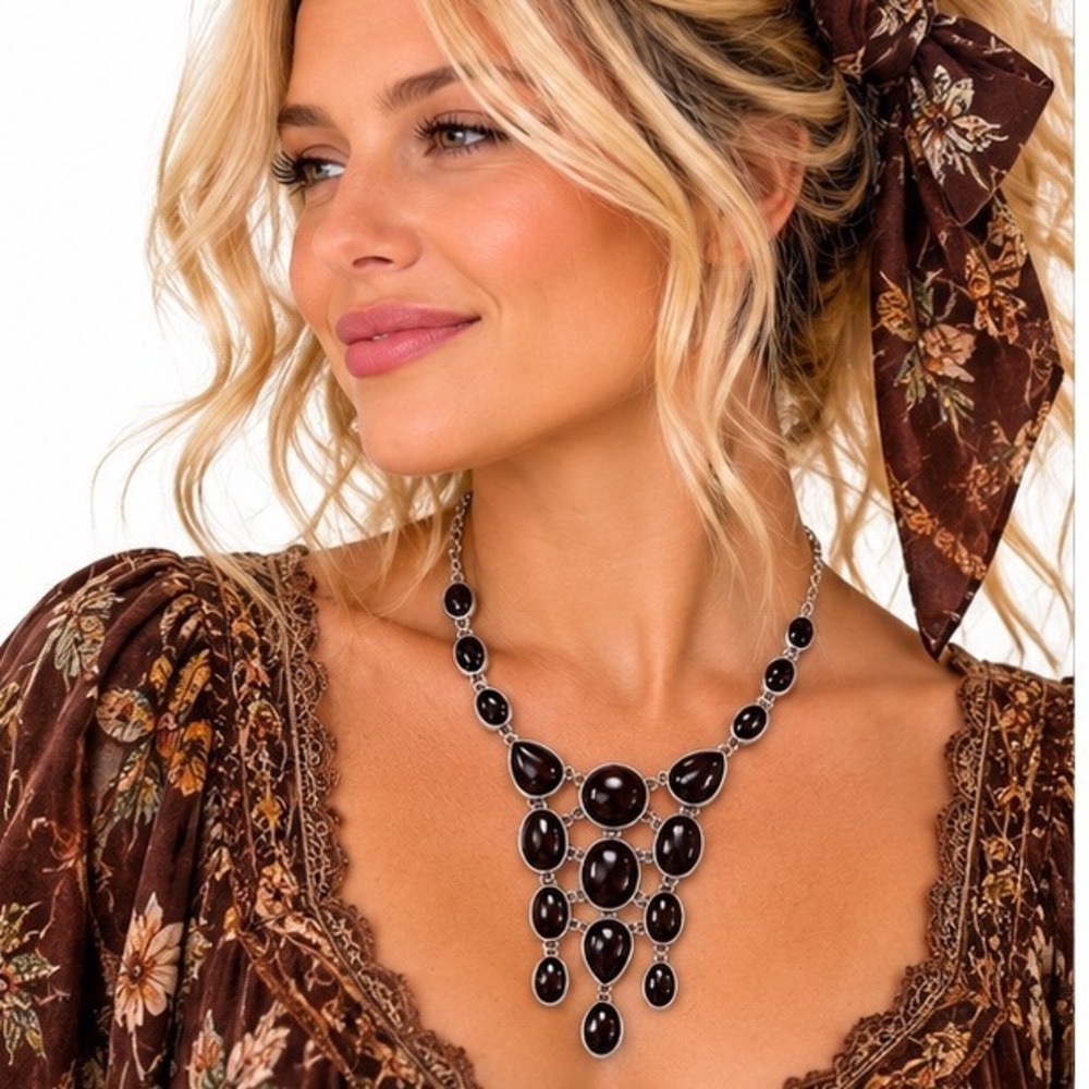 Black Cabochons Resin Bib Statement Necklace Silver Tone Tiered Drop